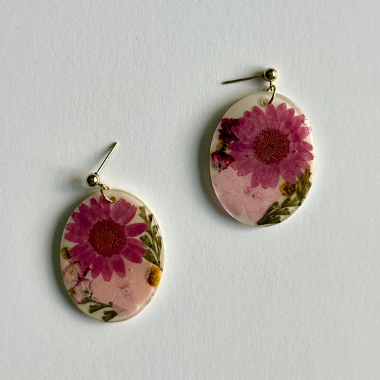 Oval Pink Daisy Earrings